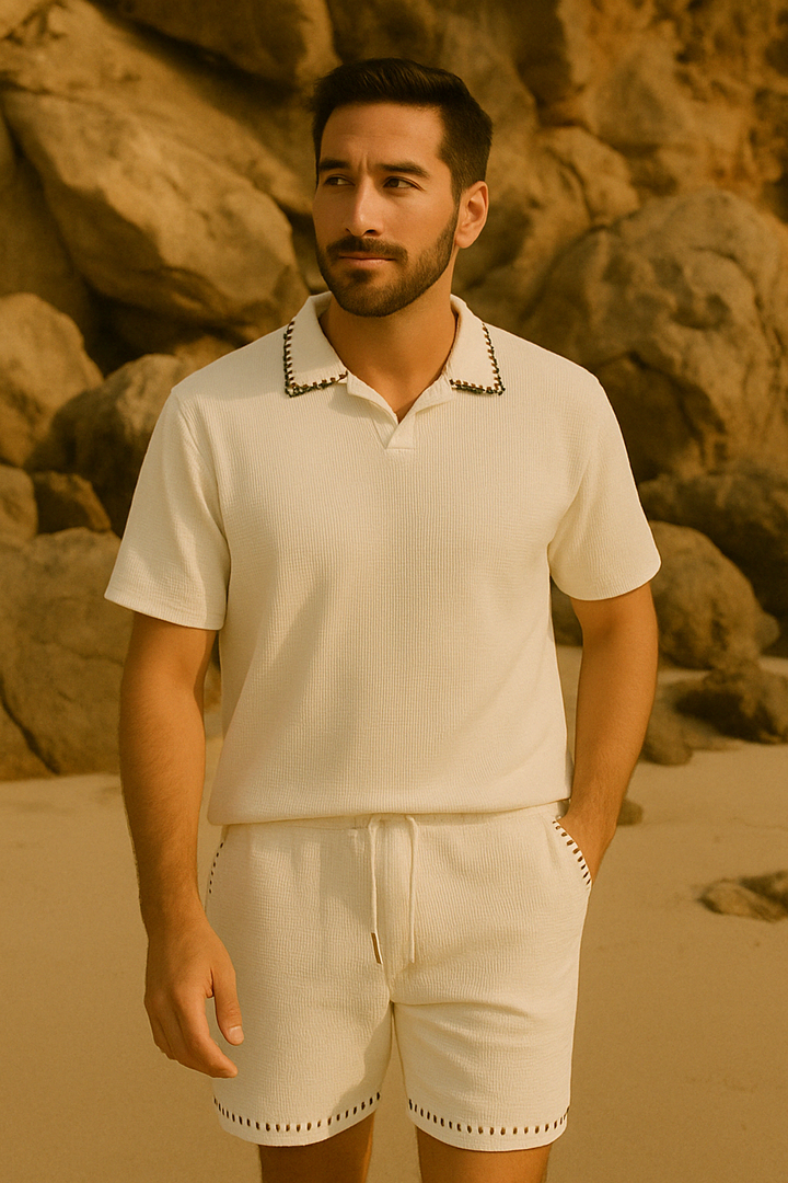 Waffle-Knit Collar Polo