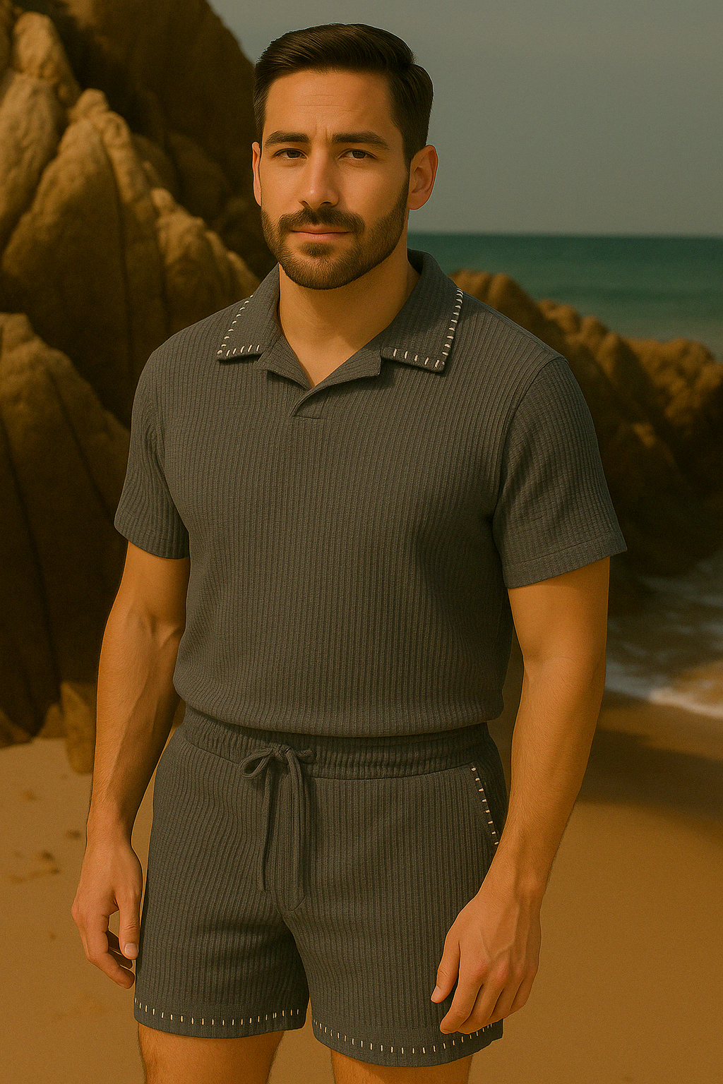 Waffle-Knit Collar Polo
