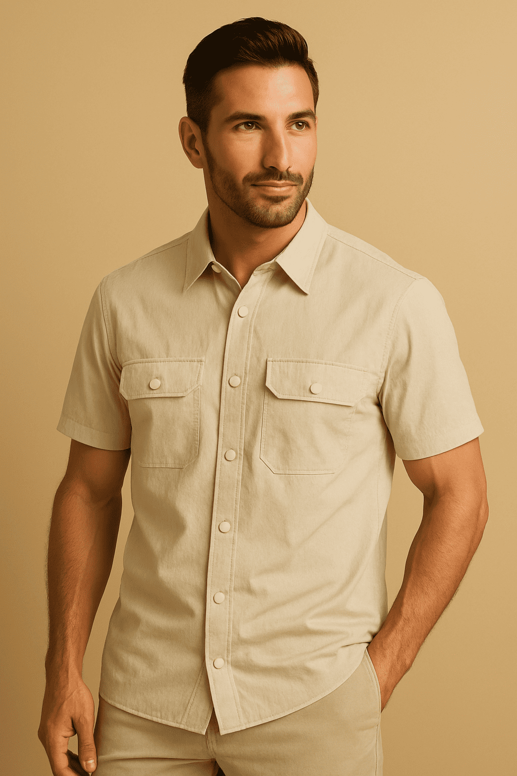 Short Sleeve Utility Button-Up Shirt with Flap Pockets