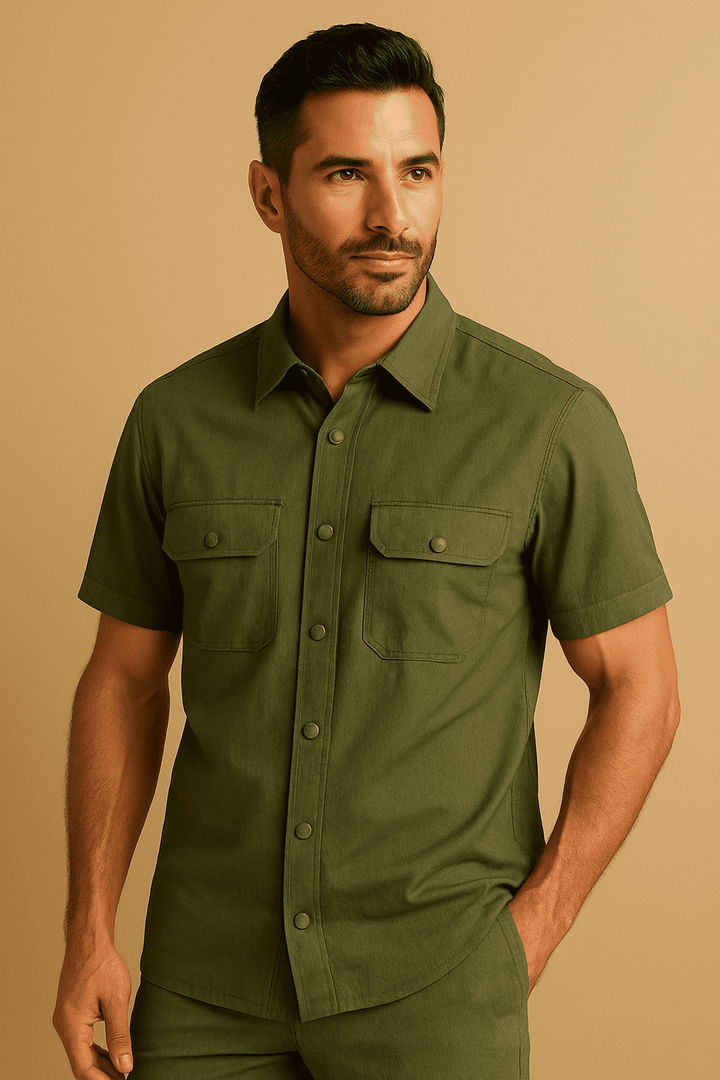 Short Sleeve Utility Button-Up Shirt with Flap Pockets
