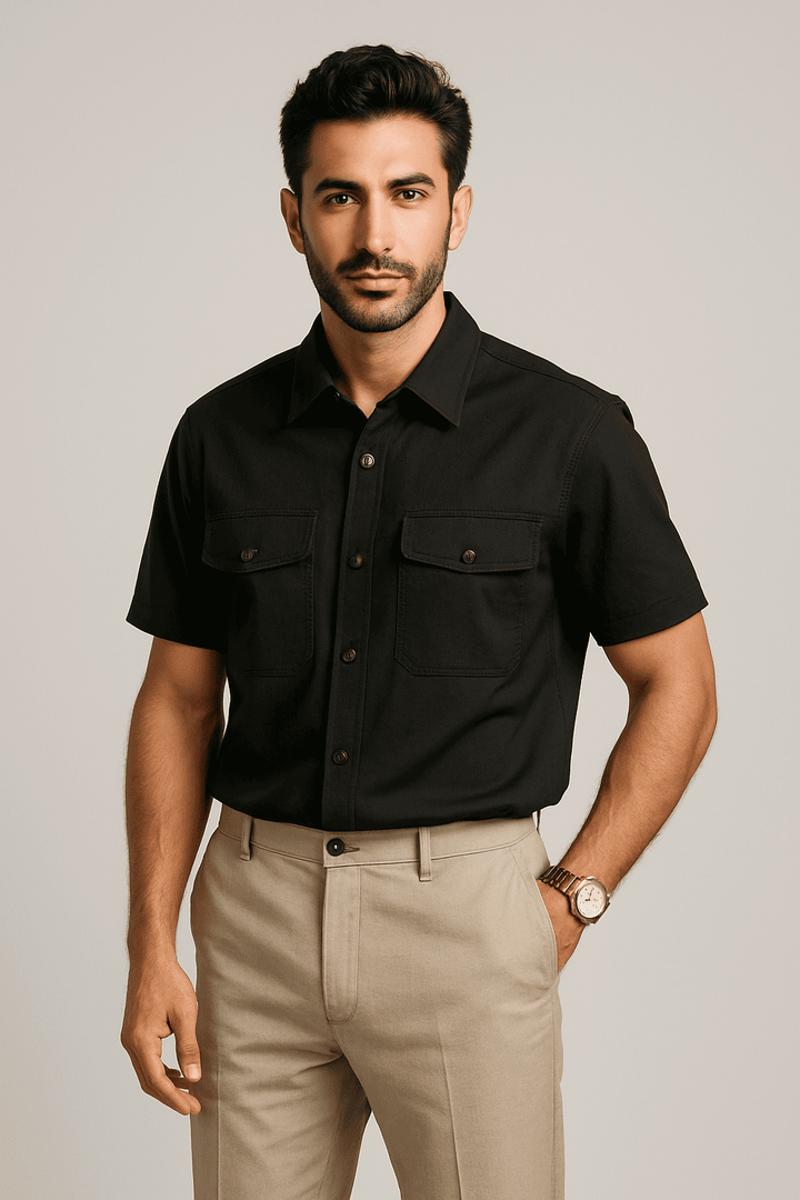 Short Sleeve Utility Button-Up Shirt with Flap Pockets
