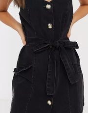 DENIM  BUTTON PINAFORE MINI DRESS