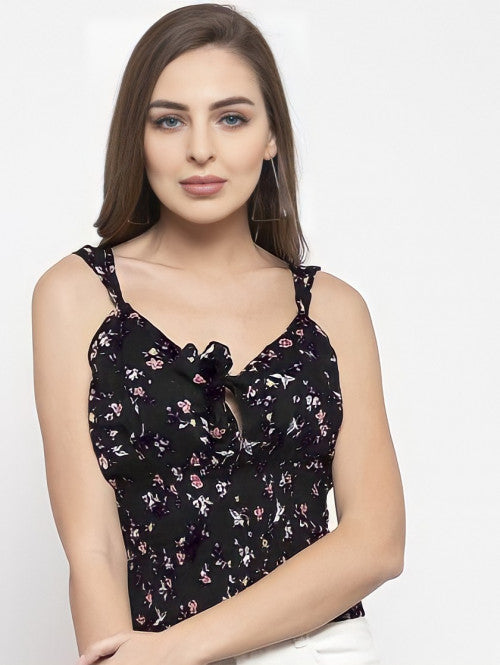 WOMEN BLACK & PINK FLORAL PRINTED FITTED TOP