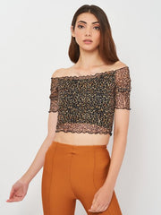BERSHKA LEOPARD PRINTED OFF SHOULDER SHIRRED BLOUSE