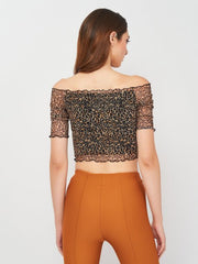 BERSHKA LEOPARD PRINTED OFF SHOULDER SHIRRED BLOUSE