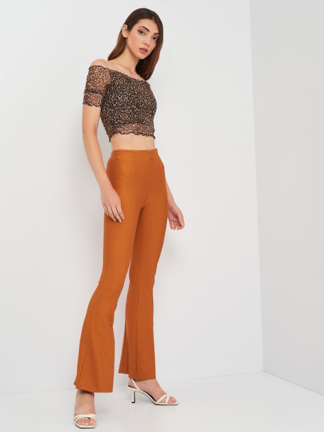 BERSHKA LEOPARD PRINTED OFF SHOULDER SHIRRED BLOUSE