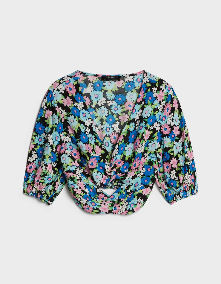 BERSHKA FLORAL BLOUSE WITH GATHERED DETAIL