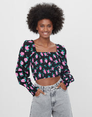 BERSHKA FLORAL BLOUSE WITH DETAIL