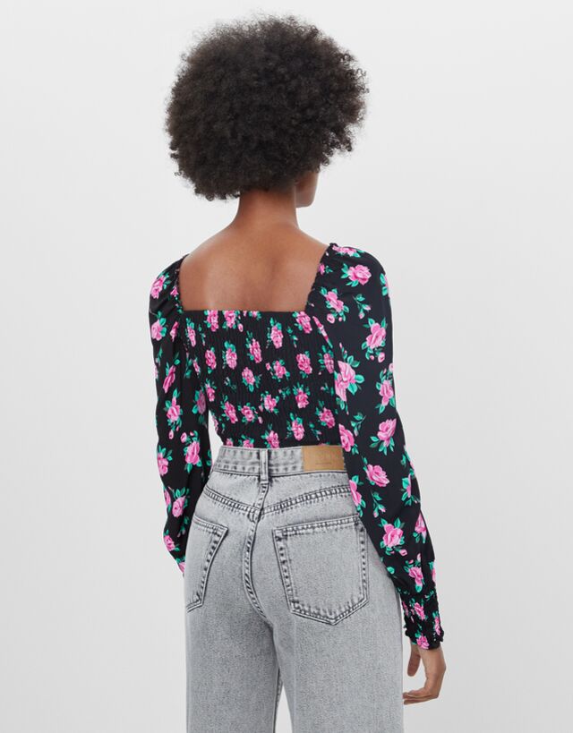 BERSHKA FLORAL BLOUSE WITH DETAIL