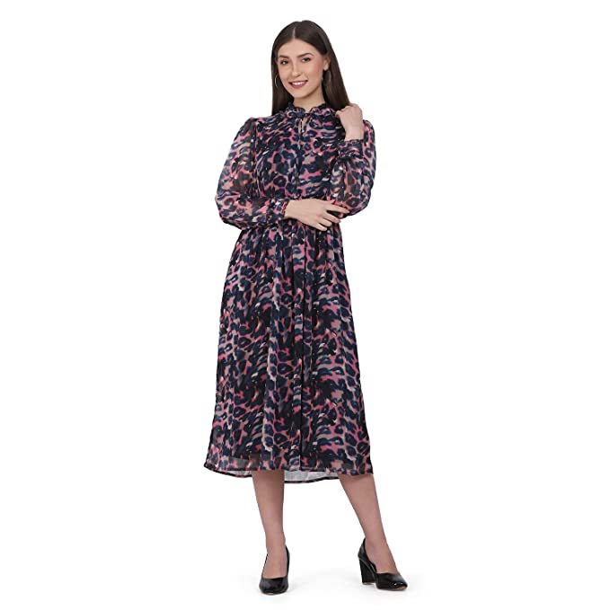 ABSTRACT PRINTED LONG SLEEVE HIGH NECK DRESS