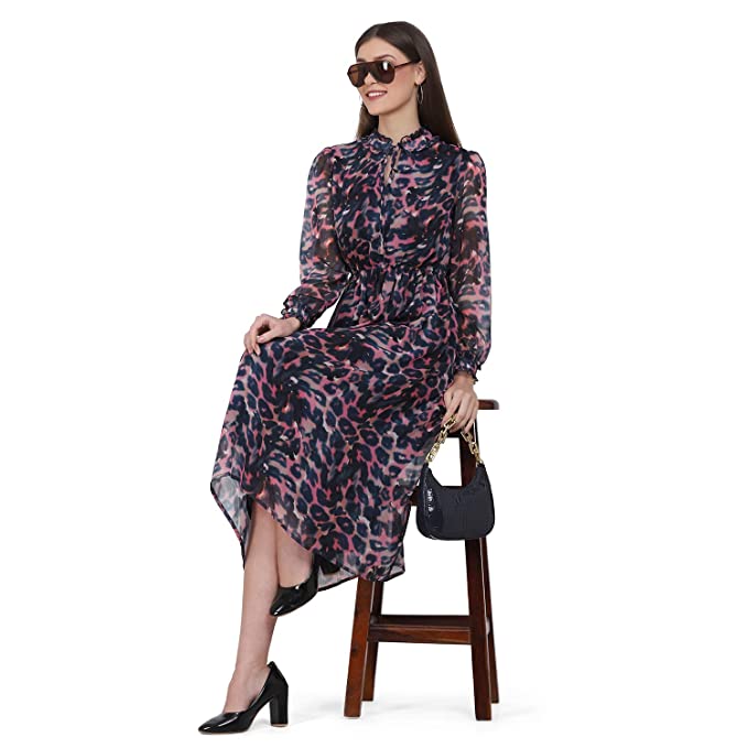 ABSTRACT PRINTED LONG SLEEVE HIGH NECK DRESS