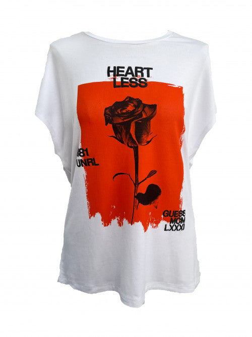 WHITE PRINTED DROP SLEEVE T SHIRT